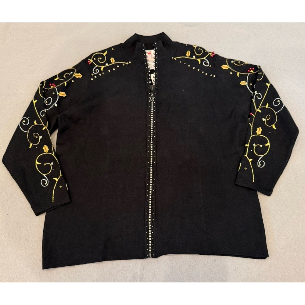 Quacker Factory Women Christmas Holly Berry Blck Zip Up Cardigan XL Bead Sweater
